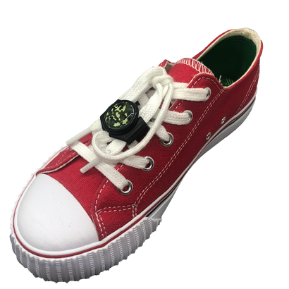 Single red shoe with black knotbots shoelace lock keeping the shoe tied