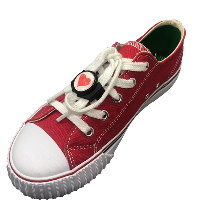 Single red shoe with black knotbots shoelace lock keeping the shoe tied
