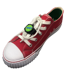 Single red shoe with black knotbots shoelace lock keeping the shoe tied