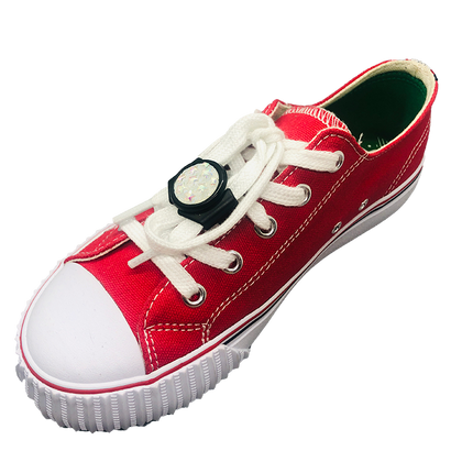 red shoe with knotbot shoelace locks keeping shoes tied