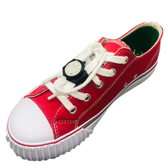 red shoe with knotbot shoelace locks keeping shoes tied