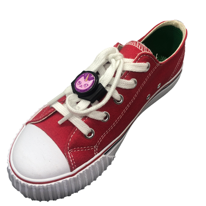 Single red shoe with black knotbots shoelace lock keeping the shoe tied
