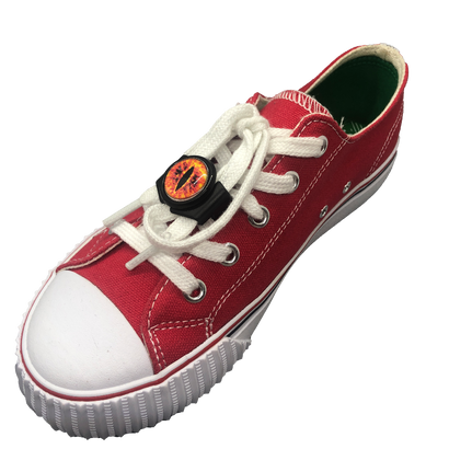 Single red shoe with black knotbots shoelace lock keeping the shoe tied